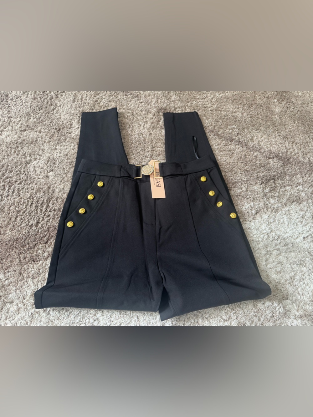 Pegasi Black High-Waist Slim Pants With Gold Buttons